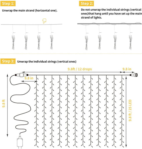 Hanging Window Curtain Lights 9.8 Feet Dimmable and Connectable with 300 Led, Remote, 8 Lighting Modes, Timer for Bedroom Wall Party Indoor Outdoor Decor, Warm White (Curtain Is Not Included)