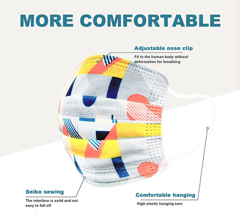 Sheal 100PCS Disposable 3-Layer Face Masks For Adult, Colorful Geometric Pattern Breathable Face Masks, Individually Packaged