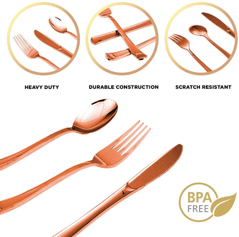 Rose Gold Plastic Silverware Party Utensils Set Heavy Duty Plastic Disposable Cutlery (30 Spoons, 30 Forks & 30 Knives) Ideal for Rose Gold-Themed Elegant Parties, Birthdays & Luxury Weddings