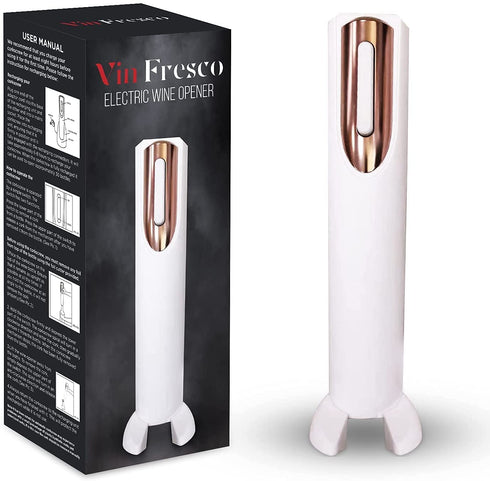 Vin Fresco Portable Electric Wine Opener - Battery Powered Wine Bottle Opener With Foil Cutter - Automatic, Cordless - Easily Removes Corks - BATTERIES INCLUDED (White and Rose Gold)