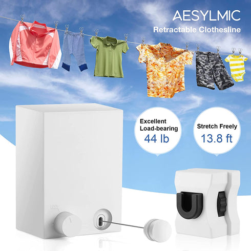 Aesylmic Retractable Clothesline Outdoor, Adjustable Tightness Retractable Laundry Line, Wall-Mounted Heavy Duty Clothes Line Indoor, Up to13.8 Feet Long Clothes line
