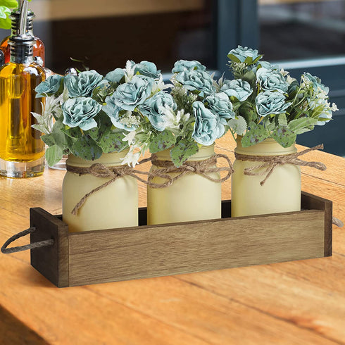 Floral Arrangements Artificial Centerpieces, Table Centerpieces for Dining Room, Mason Jar Decorative Wood Tray with Fake Rose Bouquet Flowers Farmhouse Decor for Living Room Kitchen Table - Aqua