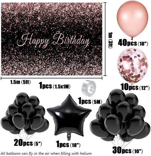 Toylin Rose Gold Black Birthday Decorations, Black Rose Gold Birthday Photography Backdrop Banner for Boys Girls Men Women Birthday Party Decorations Supplies