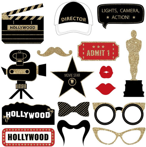 Fully Assembled Hollywood Photo Booth Props - Set of 30 - Black Gold Red Selfie Signs - Movie Night Themed Party Supplies & Decorations - Cute Oscars Designs with Real Glitter - Did we mention no DIY?