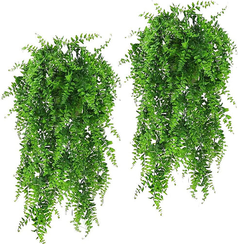 2 Pcs Artificial Plants Hanging Vines Ferns Outdoor UV Resistant Fake Hanging Plant Faux Hanging Boston Fern Flowers Vine Plastic Plants for Wall Indoor Hanging Baskets Wedding Garland Decor