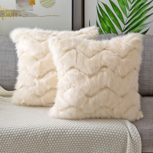 SODCOFT Luxury Wave Pattern Fur Throw Pillow Covers Cushion Covers Soft Decorative Pillowcase for Couch Sofa Bed Car,Beige 16 x 16 Inches