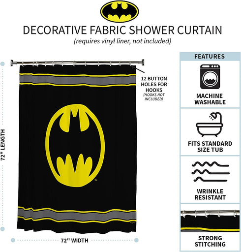 Warner Bros Batman Logo Microfiber Shower Curtain, 70-Inch by 72-Inch