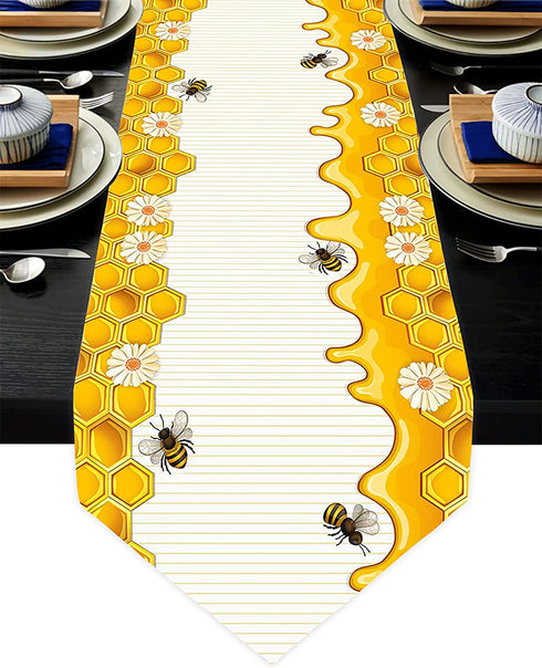 Granbey Bees Table Runners Yellow Honey Bee Daisy Flower Honeycomb Farmhouse Decorations Table Runner for Home Kitchen Dinner Party Or Indoor and Outdoo Decor 13x70 Inches Long