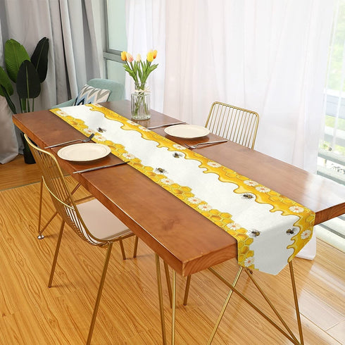 Granbey Bees Table Runners Yellow Honey Bee Daisy Flower Honeycomb Farmhouse Decorations Table Runner for Home Kitchen Dinner Party Or Indoor and Outdoo Decor 13x70 Inches Long