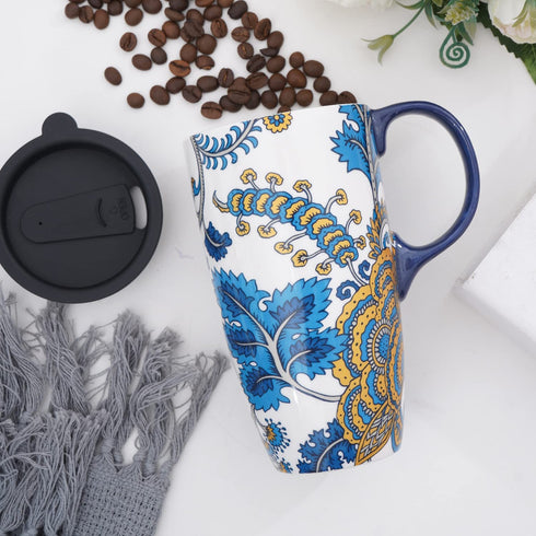 Ceramic Mug with Lid and Handle,17oz. Tall Coffee Cup for Home,Party and Birthday,Blue Flower