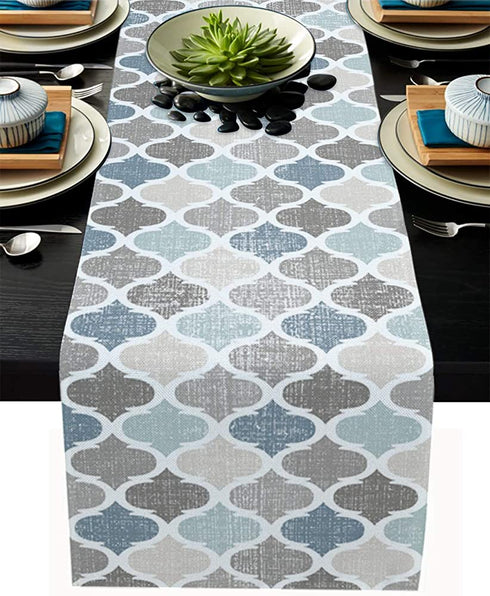 Moroccan Table Runner-Cotton linen-Small 36 inche Geometric Quatrefoil Lattice Dresser Scarves,Kitchen Coffee/Dining Farmhouse Tablerunner for Home Living Room,Holiday Dinner Scarf Décor,Blue Grey