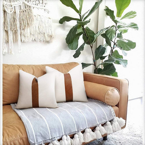 cygnus Set of 2 White Linen Patchwork Faux Leather Throw Pillow Covers for Couch Living Room Bedroom, Modern Accent Decor Square Cushion Covers 18X18 inch, Brown and White