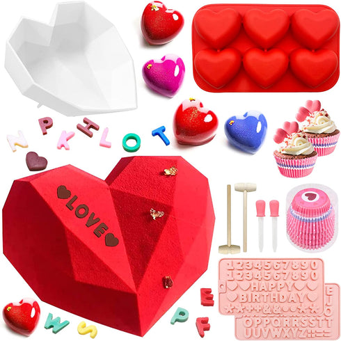 Heart Silicone Molds Chocolate Breakable Heart Mold Diamond Heart Shaped Candy Molds w/ Cupcake Liners Wooden Hammer Number Letter Molds for Chocolate Baking-Gifts for Birthday Anniversary Wedding