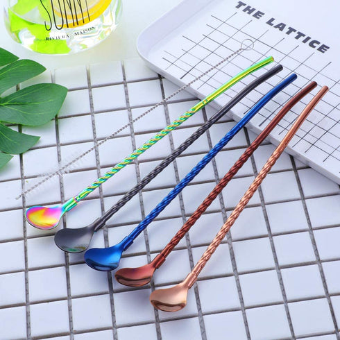 Color ME 10 pcs Metal Straw Spoons with 2 Cleaning Brushes, Reusable Drinking Spoon Straws for Iced coffee, Iced tea, Milkshake, Cocktail, Smoothies