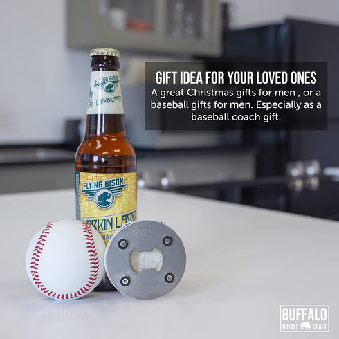 Stainless Steel Baseball Bottle Opener, Beer Bottle Opener Made from Real Baseball's Leather, Magnetic Bottle Opener & Cap Catcher - Cool Gadget for Teens, Present for Men & Main Beer Accessory