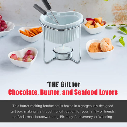 Yumchikel 2 Pieces Fondue Set, 4 oz Heart Shaped Ceramic Melting Pot with Serving Fork, Steel Stand, and Tea Light Candle, Fondue Pot Set for Melting Butter, Chocolate, Cheese and Serving Seafood