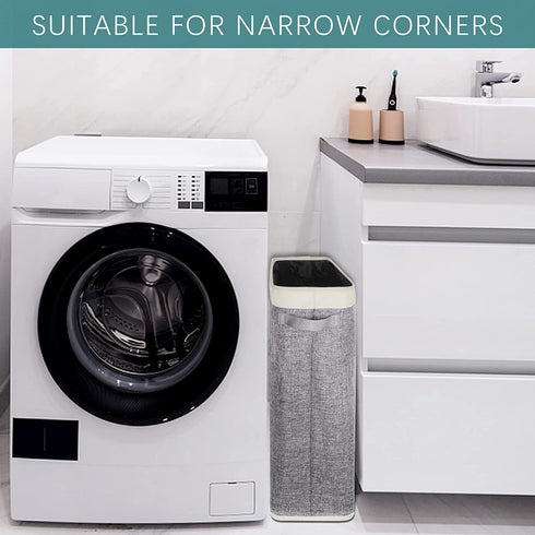 40L Narrow Laundry Basket with Padded Handle, 22" Slim Laundry Hamper Foldable, Thin Dirty Clothes Basket for Dorm Organize, Skinny Laundry Hamper for Small Space, Closet Bedroom, Bathroom Corner