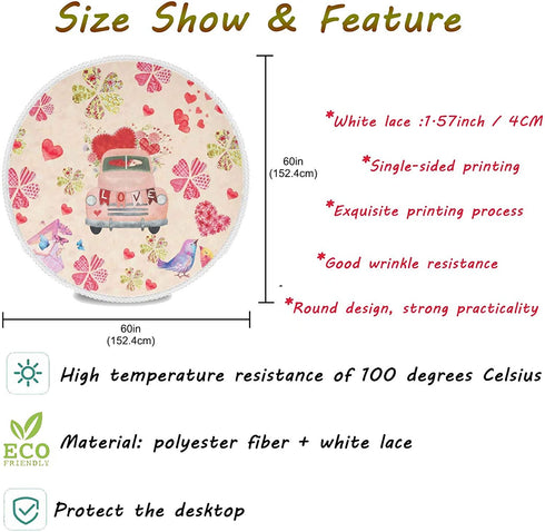 Pfrewn Valentine Heart Round Tablecloth, Pink Truck Mothers Day Flowers Table Cloth Cover Mat, Lace Washable Polyester 60" Dining Decorative for Holiday Home Party Wedding Picnic