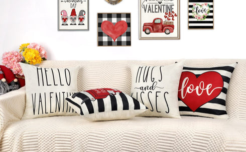 4TH Emotion Valentines Day Stripe Pillow Covers 18x18 Set of 4 Spring Farmhouse Decor Red Truck Love Hugs Kisses Holiday Decorations Throw Cushion Case for Home Decorations TH078