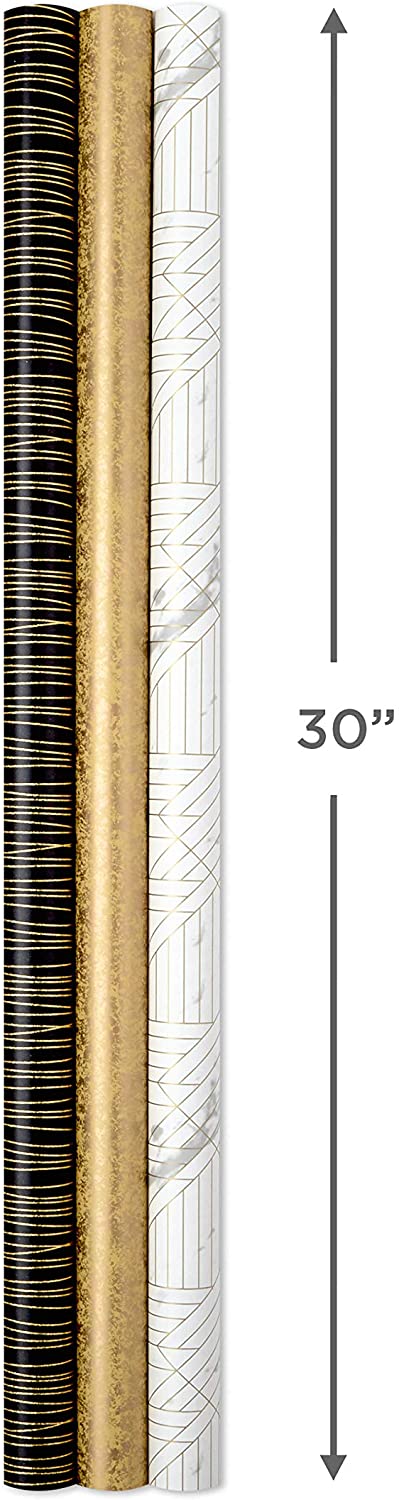 Hallmark Premium Wrapping Paper Bundle with Cut Lines on Reverse - Marble, Sparkly Black, Antiqued Marigold (3-Pack: 85 sq. ft. ttl.) for Christmas, Graduations, Birthdays, Weddings, Bridal Showers