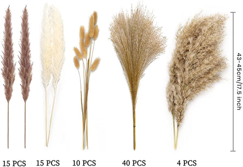 84Pcs Natural Pampas Grass, Beige Fluffy Dried Pampas Grass for Boho Home Decor, Reed Grass, Bunny Tails Dried Flowers, 17 inch Pompous Grass Bouquet for Vase Wedding Decoration and Home Arrangement