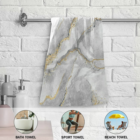 Grey Marble Hand Towels - Elegant White Marble Print with Gold Textured Pattern 100% Cotton Soft Bath Hand Towel for Home Bathroom Kitchen Hotel Spa