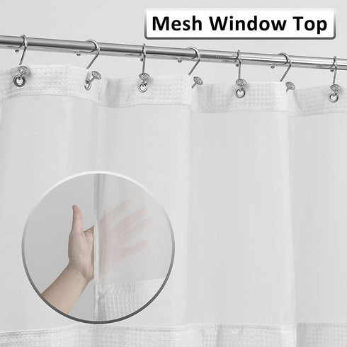 Waffle Weave Shower Curtain with Snap-in Fabric Liner & Hooks Set: Hotel Style & Top Sheer Window, Double Layers & Machine Washable for Easy Clean, 71x72, White