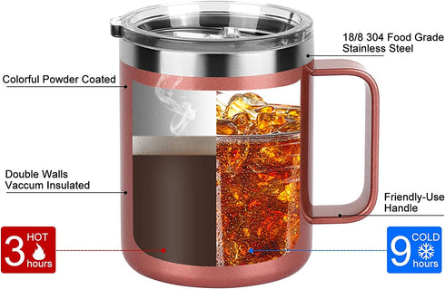 2 Pack Stainless Steel Coffee Mugs with Handle, 12Oz Insulated Coffee Mug, Double Wall Vacuum Insulated Camping Mug with Lid, Thermal Coffee Mug for Coffee, Tea, Hot and Cold Drinks (Rose Gold)