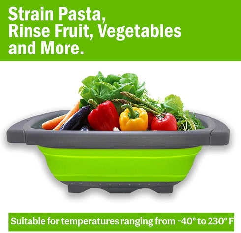 C.I.H. Collapsible Strainer | Collapsible Colander for Kitchen | 3 Piece Green Set | Large Over the Sink Strainer with Extendable Handles | Small Rectangular Strainer | Heat Resistant Utensil Rest