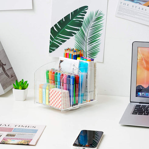 Marbrasse Acrylic Pen Holder, 360-degree Rotating Clear Pen Organizer for Desk, Desktop Stationery Organizer Caddy for Office School Home & Art Supplies (Acrylic Rectangle)
