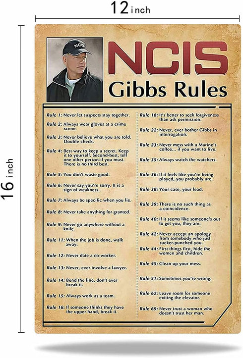 Retro Poster Tin Sign, NCIS-Gibbs-Rule Printed Canvas Decoration! Funny Family Cafe Kitchen Bathroom Man Cave Wall Decoration 12x16 Inch