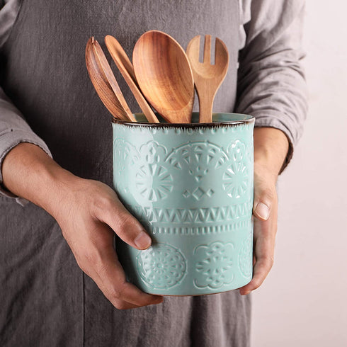 DOWAN Kitchen Utensil Holder, 7.2? Extra Large Farmhouse Utensil Holders for Countertop, Heavy Ceramic Utensil Crock, Anti Slip & Scratch Cork Bottom, Teal Utensil Organizer for Home Décor