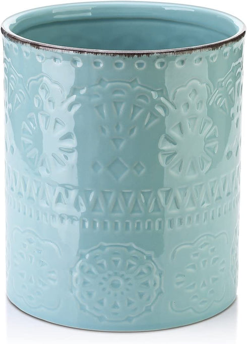 DOWAN Kitchen Utensil Holder, 7.2? Extra Large Farmhouse Utensil Holders for Countertop, Heavy Ceramic Utensil Crock, Anti Slip & Scratch Cork Bottom, Teal Utensil Organizer for Home Décor