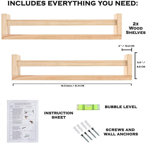 Nursery Bookshelf- Set of 2- Baby Floating Bookshelf or Book Shelf Organizer for Kids Nursery Decor,Wall Shelves for Kitchen Spice Rack,Pine Natural Wood