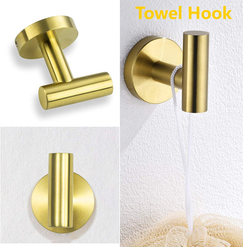Nolimas 3-Pieces Brushed Gold Bathroom Hardware Set SUS304 Stainless Steel Round Wall Mounted Includes 12" Hand Towel Bar,Toilet Paper Holder,Robe Towel Hooks,Bathroom Accessories Kit