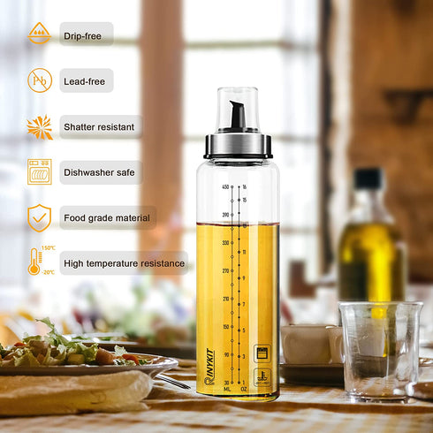 Olive Oil Bottle Dispenser by RINYKIT - 17 oz Oil and Vinegar Dispenser Set 2 Pack, Oil Bottles for Kitchen No-Drip Glass Cooking Oil Container and Vinegar Cruet Soy Sauce Dispenser Set with Caps