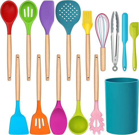 LIANYU 15-Piece Kitchen Silicone Cooking Utensils Set with Holder, Wooden Handle Kitchen Tools Include Spatula Tong Slotted Spoon Turner Whisk Brush, Colorful