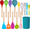 LIANYU 15-Piece Kitchen Silicone Cooking Utensils Set with Holder, Wooden Handle Kitchen Tools Include Spatula Tong Slotted Spoon Turner Whisk Brush, Colorful