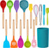 LIANYU 15-Piece Kitchen Silicone Cooking Utensils Set with Holder, Wooden Handle Kitchen Tools Include Spatula Tong Slotted Spoon Turner Whisk Brush, Colorful
