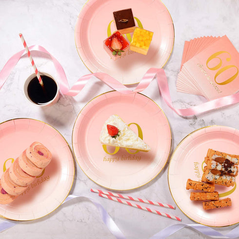 60th Birthday Decorations for women Party Supplies Napkins,Cups,Plates,Straws - 24 Sets