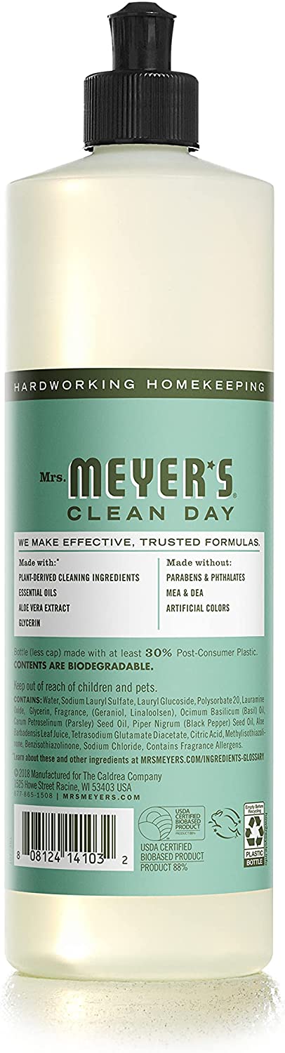 Mrs. Meyer's Dishwashing Liquid Dish Soap, Cruelty Free Formula, Basil Scent, 16 oz - Pack of 3