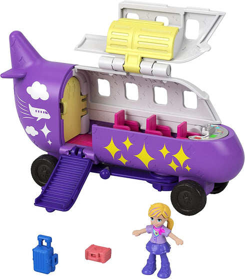 Polly Pocket Pollyville Airplane with Micro Polly Doll, Seating for 3 Passengers, Luggage Compartment, Restroom Door, Exit Ramp, Food Cart, Luggage & Vanity Case; for Ages 4 Years Old & Up