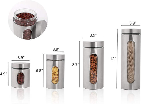 PENGKE 4 Piece Silver Stainless Steel Canister Set with Glass Windows,perfect for Kitchen Canning Cereal,Pasta,Sugar,Beans,Spice
