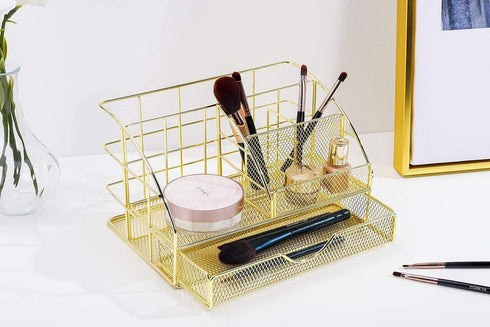 Upgraded Desk Organizer for Women, Cute Mesh Office Supplies Accessories Essentials Caddy with Drawer for Home & Office Desktop Organization & Decor, Gold