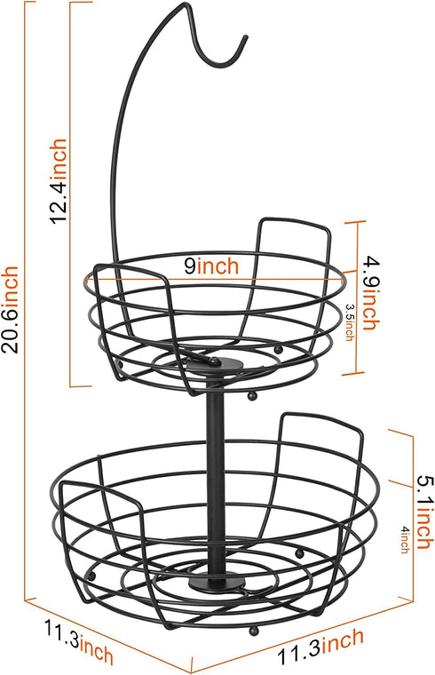Fruit Basket, Auledio Fruit Bowl 2 Tier Fruit Basket for Kitchen with Banana Hanger, Fruit Bowl for Kitchen Counter Bread Basket Fruit Holder
