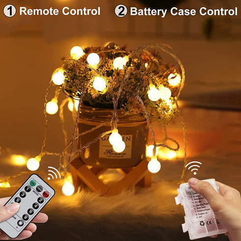 Battery Operated String Lights - 52FT 2 Pack 120 LEDs Globe Fairy String Lights Waterproof 8 Modes with Remote and Timer for Bedroom Wedding Party Christmas Decoration, Warm White