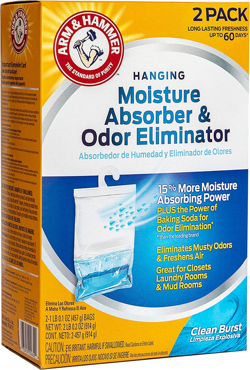 Arm & Hammer Clean Burst Hanging Moisture Absorber and Odor Eliminator - 2 Pack - Traps Moisture for Fresher, Cleaner Air