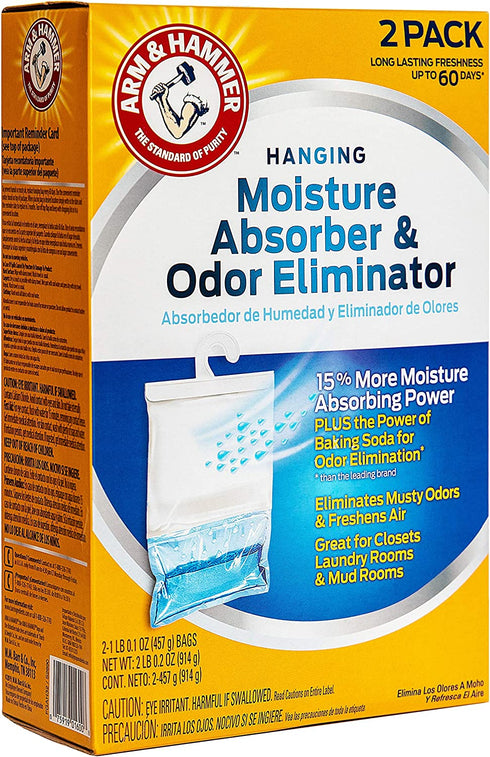 Arm & Hammer Fragrance Free Hanging Moisture Absorber and Odor Eliminator 2 Pack - Traps Moisture for Fresher, Cleaner Air