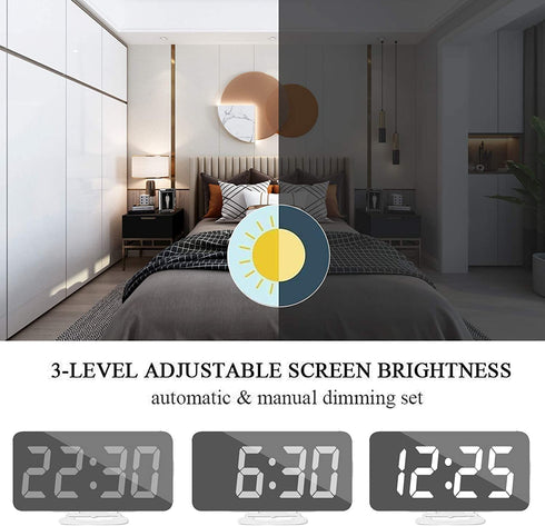 Digital Alarm Clock with 2 USB Charger Ports, LED Mirror Alarm Clocks for Bedrooms Office, Snooze Function, Adjustable Brightness, Bedside Alarm Clocks (White)