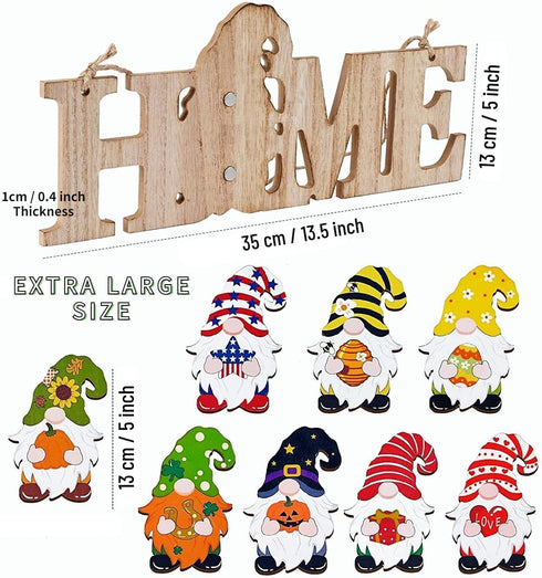 LittleFox 3D Gnome Interchangeable Seasonal Welcome Sign (Upgrade Designed) DIY with 8pcs Detachable Magnet Holiday Icons, Great for Rustic Farmhouse Decor or Housewarming Gift.